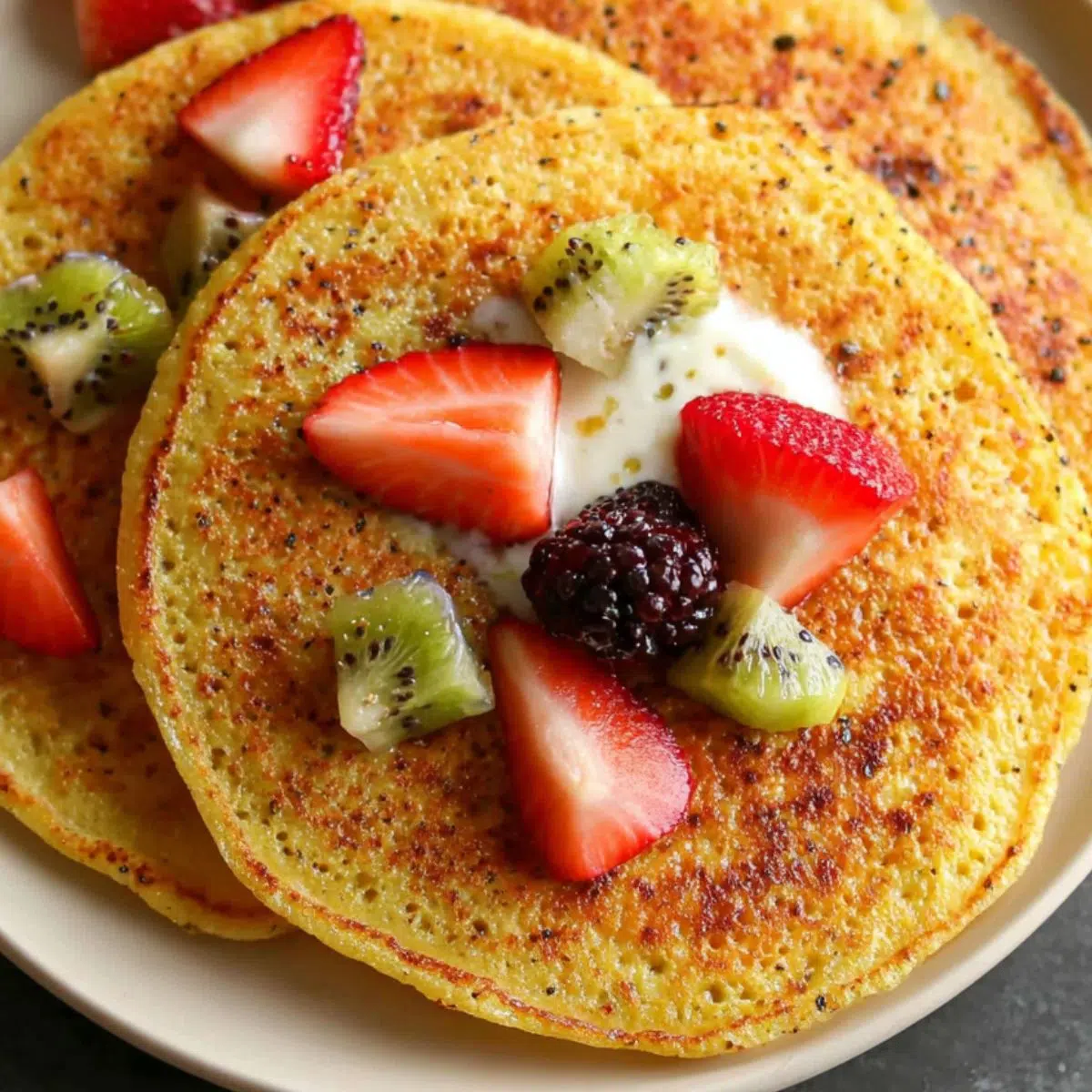 Homemade oats chilla recipe , stacked on a white ceramic plate on a kitchen counter.