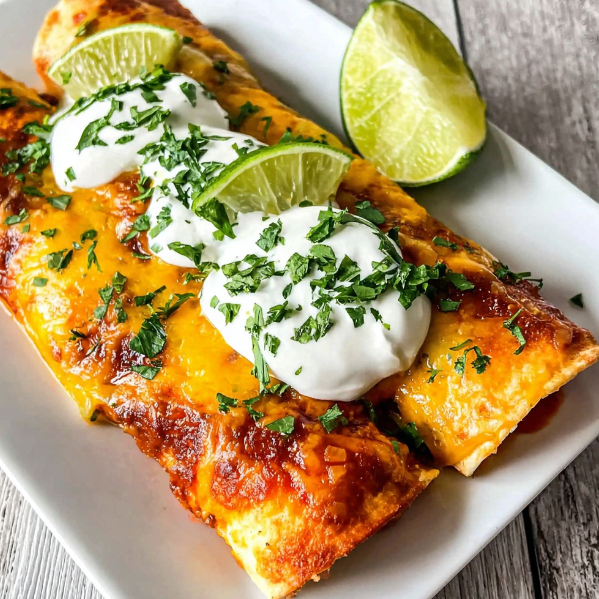 Homemade taquito enchilada casserole fresh out of the oven on a white kitchen counter