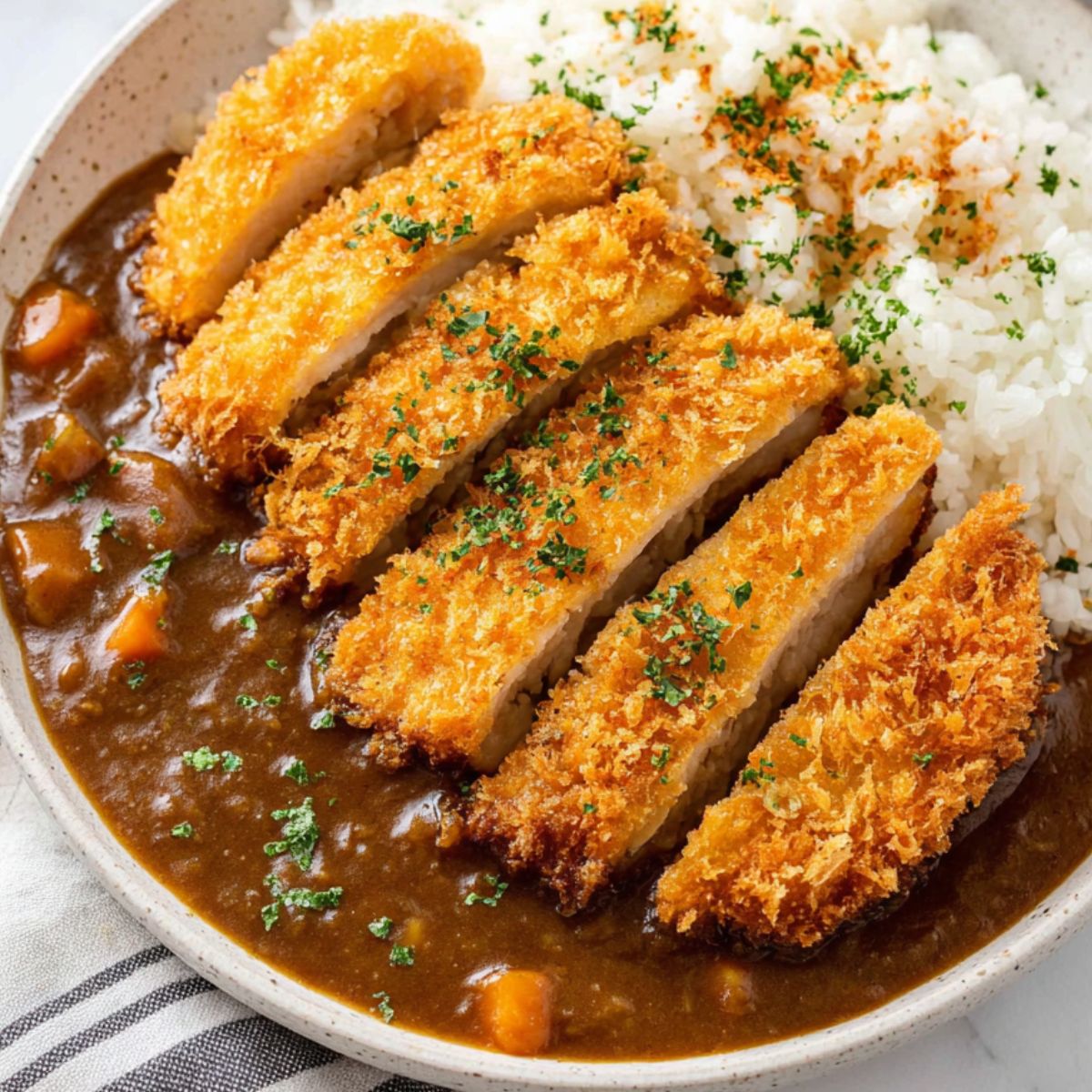 Homemade Japanese chicken katsu curry with rice and curry sauce on a white plate