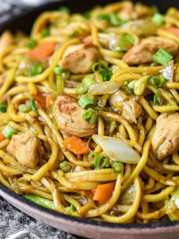 Homemade Lo Mein Chicken Recipe served on a white kitchen counter