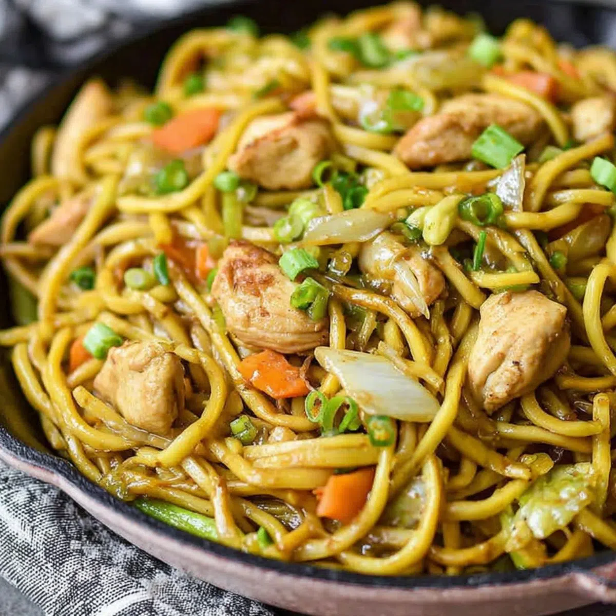 Homemade  Lo Mein Chicken Recipe  served on a white kitchen counter