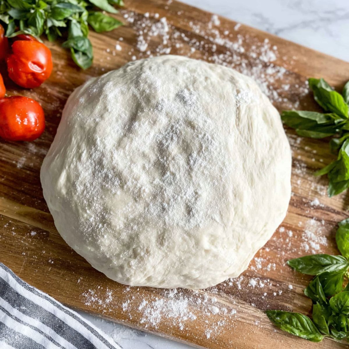 Overhead shot of homemade Neapolitan pizza dough on a floured wooden surface