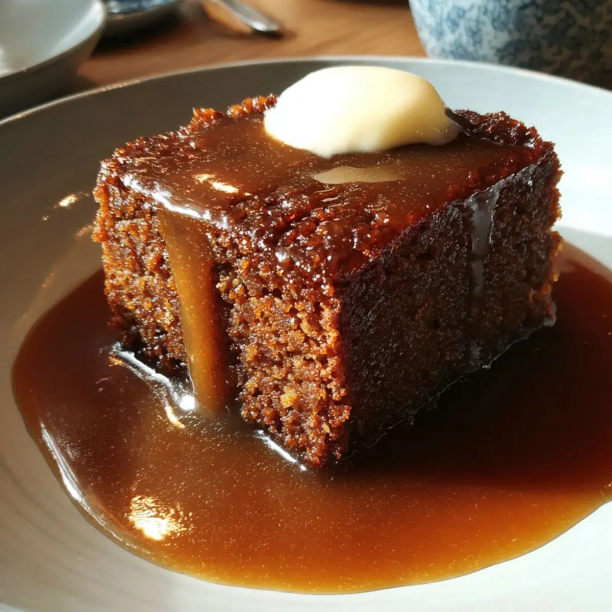 Freshly baked English sticky toffee pudding , topped with glossy toffee sauce, served warm on a white kitchen counter.