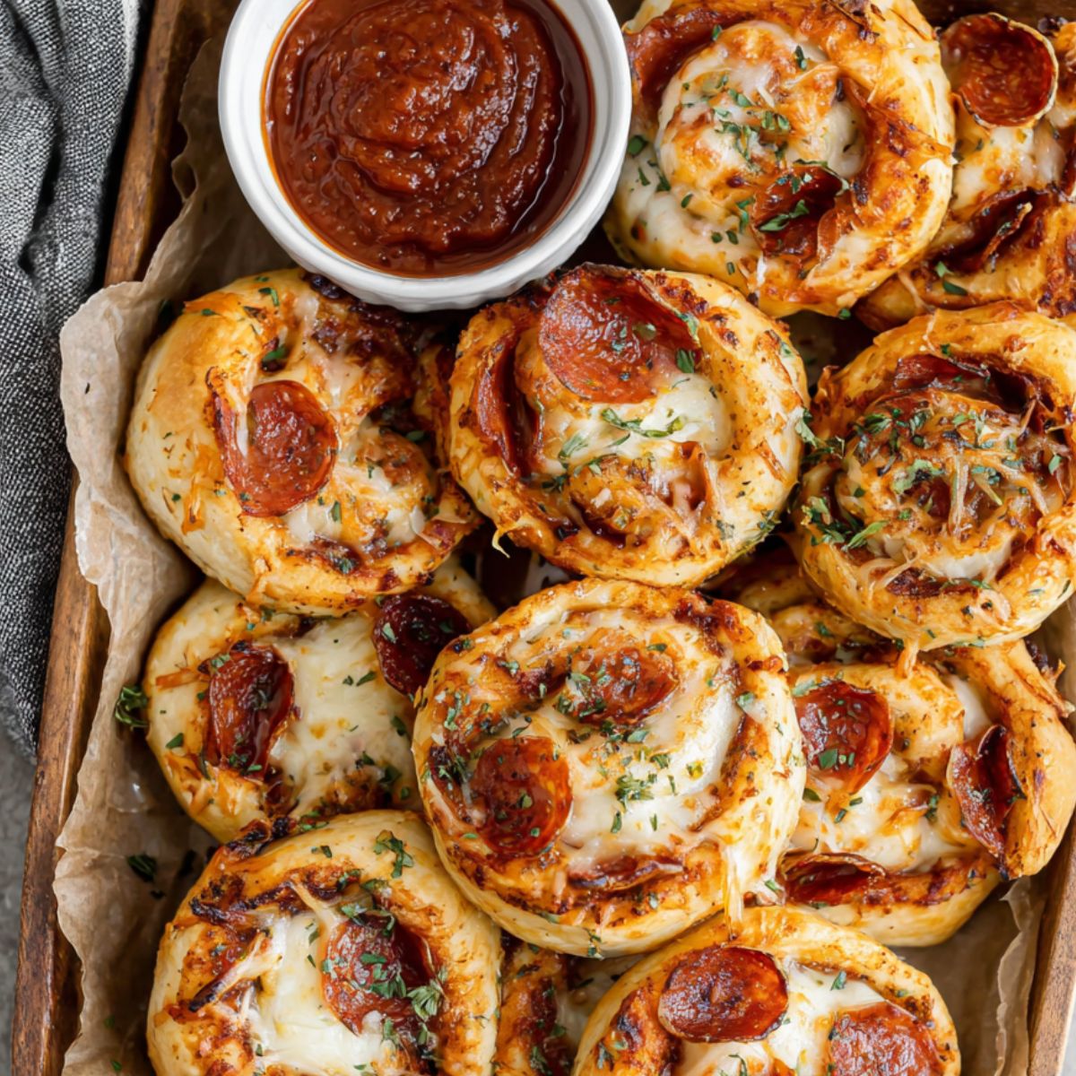 Freshly baked homemade spicy pepperoni pizza rolls on a white kitchen counter shot from above.