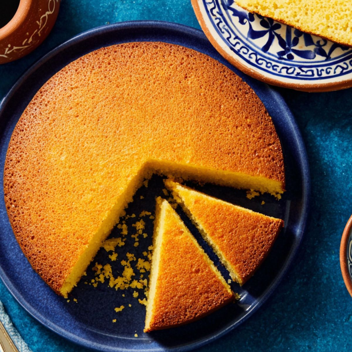 Homemade semolina cake freshly baked with golden crust on a kitchen counter