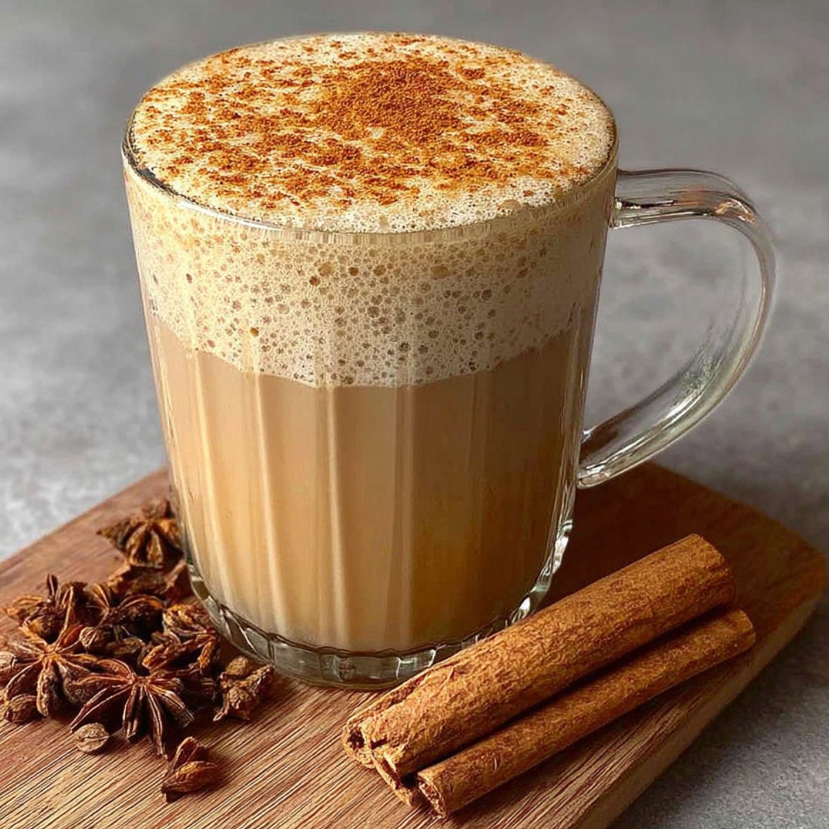 Homemade vanilla cinnamon milk tea with cinnamon stick on a white kitchen counter