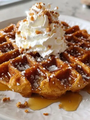 Homemade gingerbread waffles recipe with whipped cream and maple syrup on a white kitchen counter, overhead shot