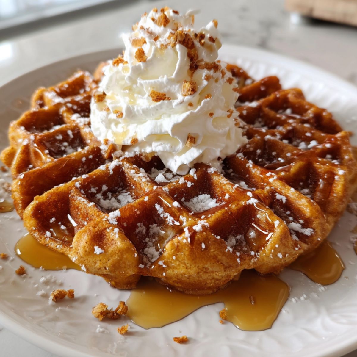 Homemade gingerbread waffles recipe with whipped cream and maple syrup on a white kitchen counter, overhead shot