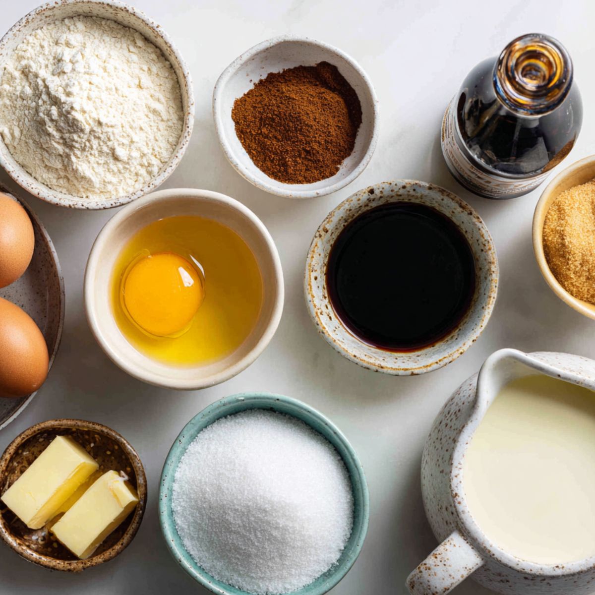 Casually arranged ingredients for homemade gingerbread waffles on a white kitchen counter, overhead shot