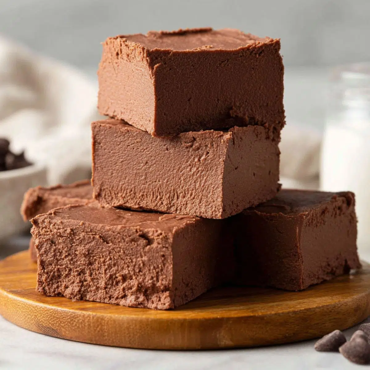 Homemade Marshmallow Fluff Fudge recipe , on parchment paper, casually cut and placed on a wooden board, looking rich and gooey on a white kitchen counter