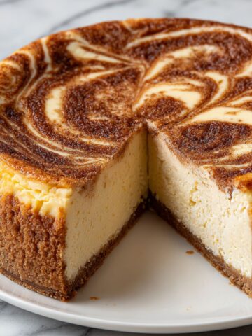 Freshly baked snickerdoodle cheesecake on a white kitchen counter