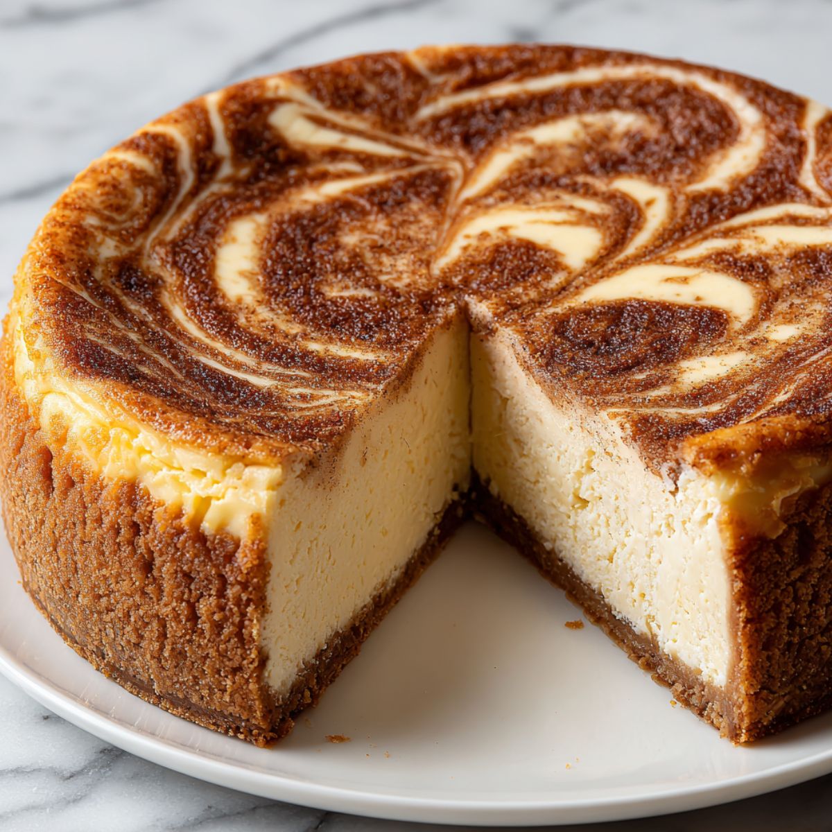 Freshly baked snickerdoodle cheesecake on a white kitchen counter 