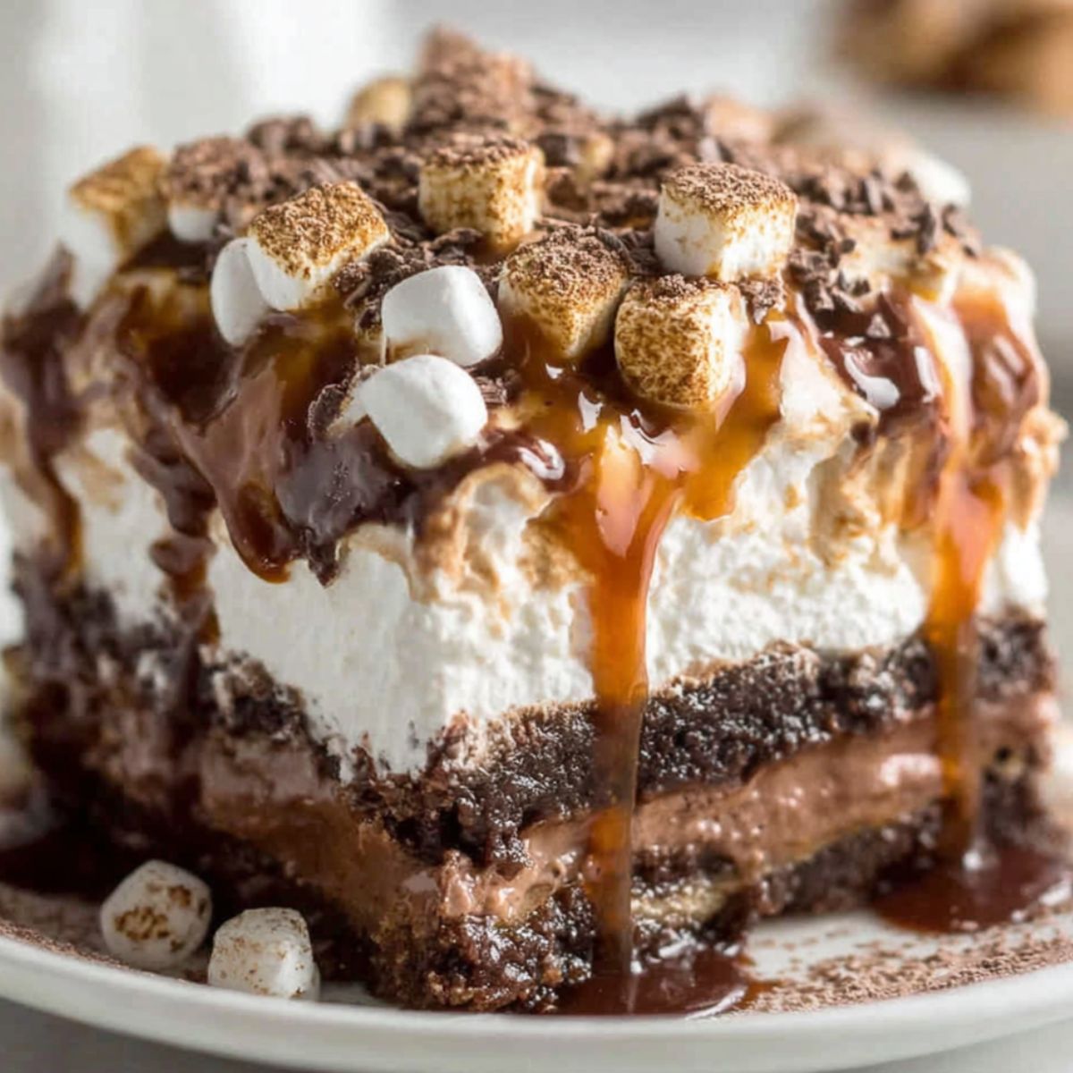 Homemade hot chocolate lasagna with rich layers of pudding, whipped topping, and Oreo crust