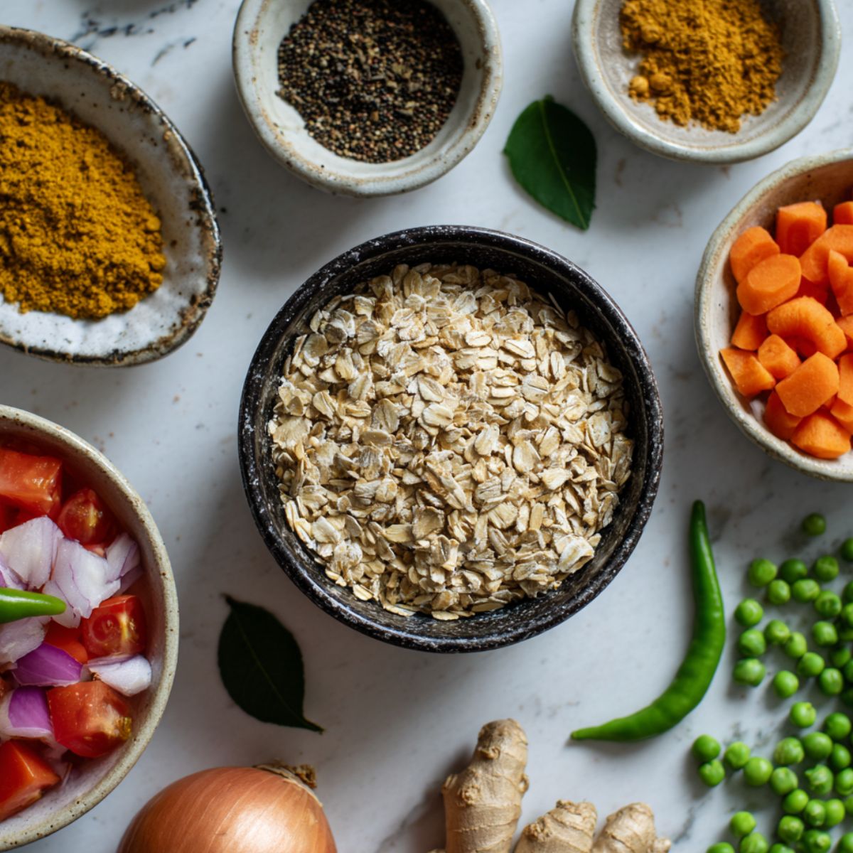 Rolled oats, spices, and vegetables laid out casually on a white kitchen counter for Indian-style masala oats