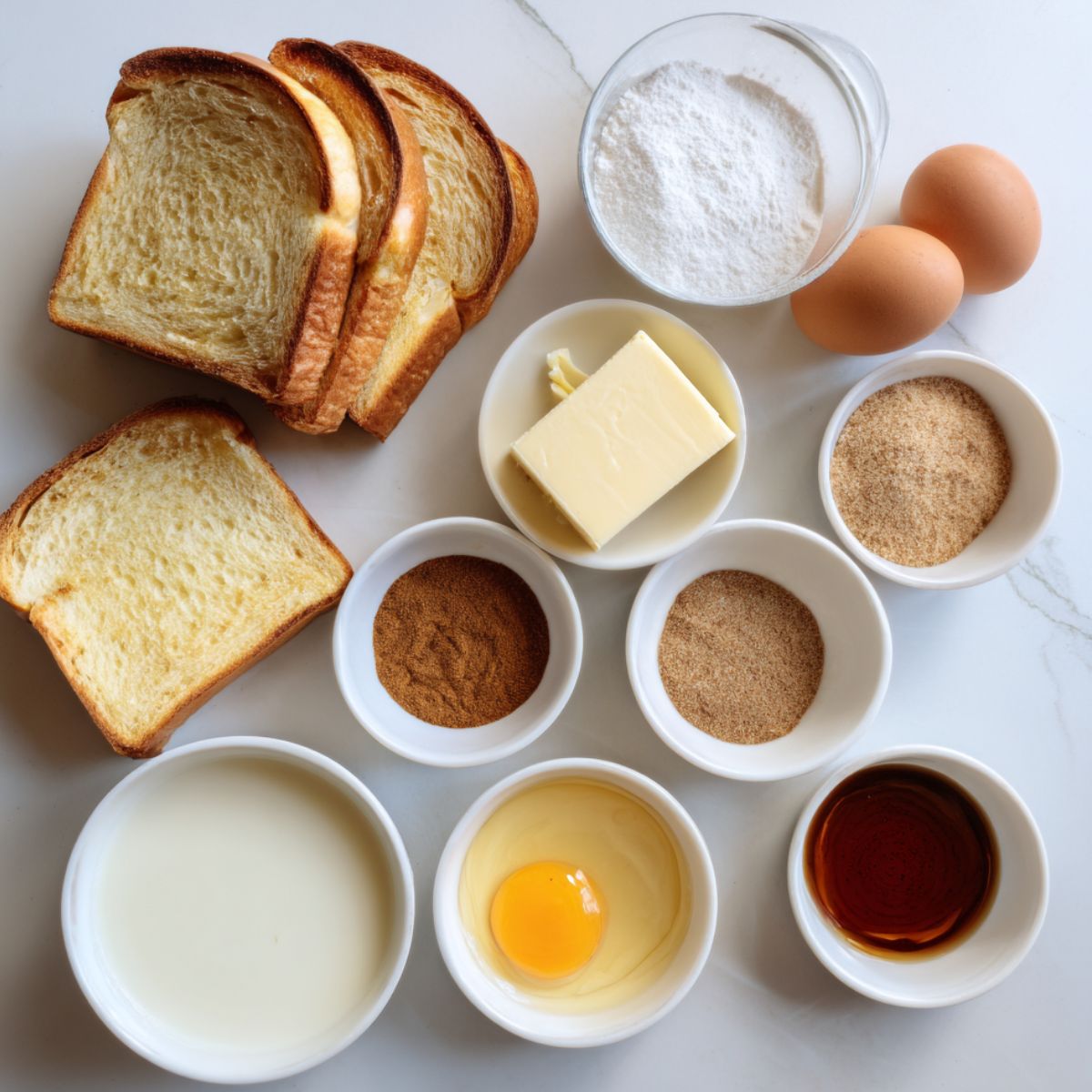 Overhead view of ingredients for churro stuffed french toast including brioche bread, eggs, milk, butter, brown sugar, and cinnamon on a white kitchen counter.