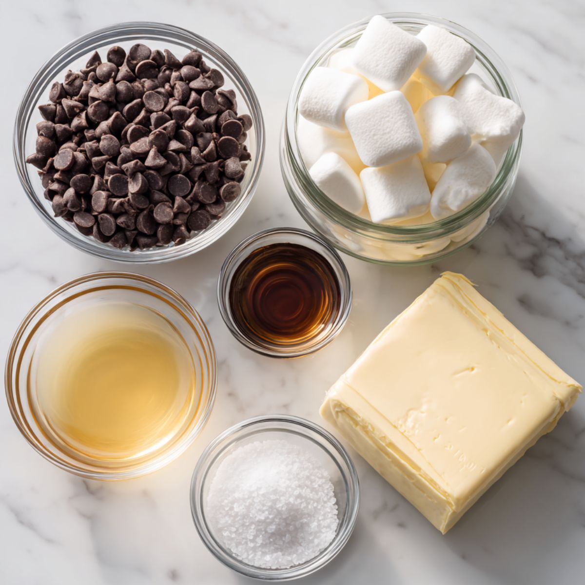 Overhead photo of fudge ingredients like chocolate chips, condensed milk, marshmallow fluff, and butter laid out on a white kitchen counter with a homemade, unpolished vibe