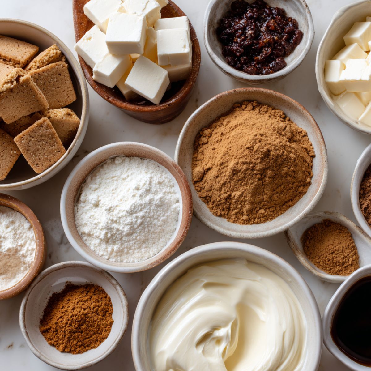 Ingredients for homemade gingerbread cheesecake laid out on a white kitchen counter photographed from above.