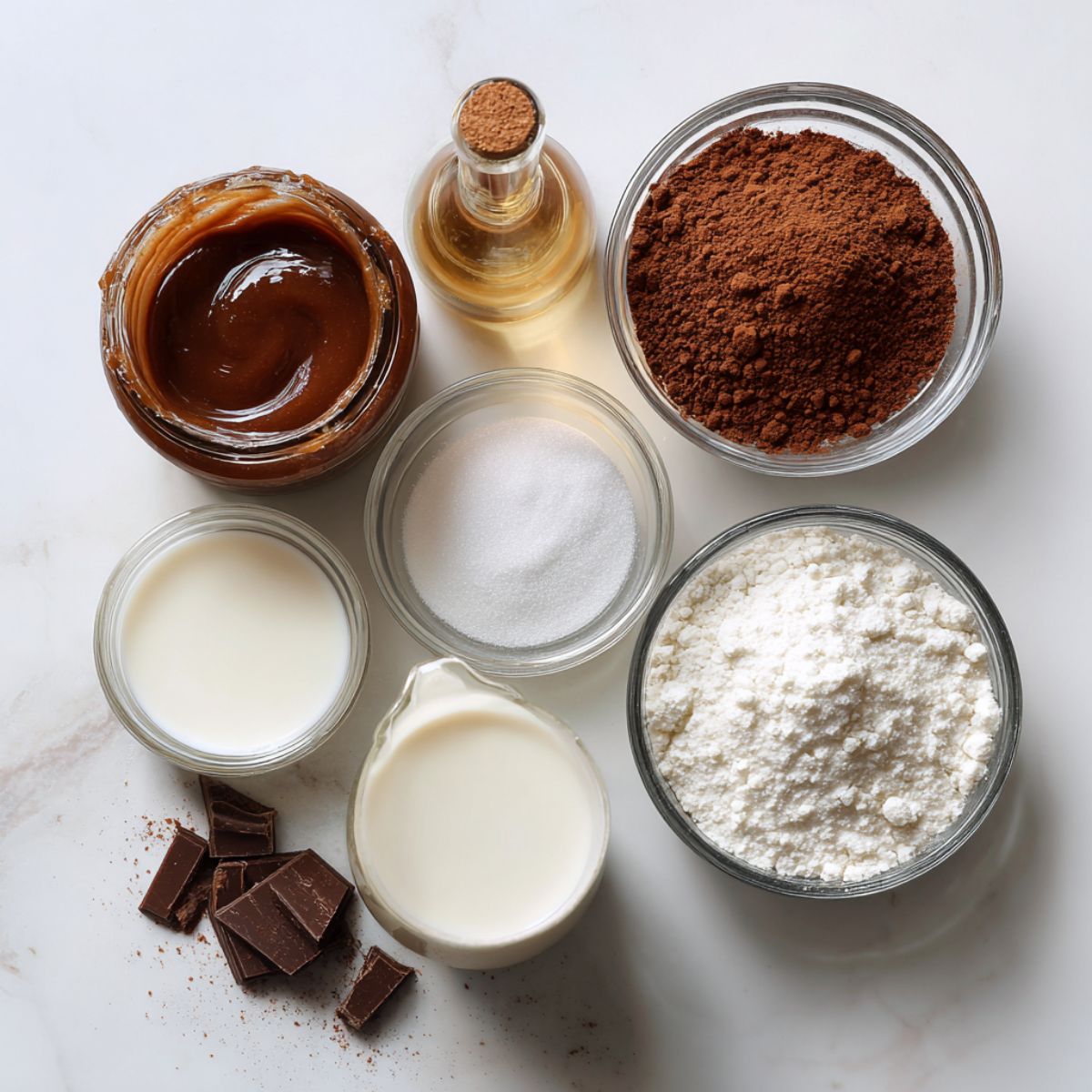 Overhead view of Biscoff hot chocolate ingredients on a white kitchen counter, photographed casually