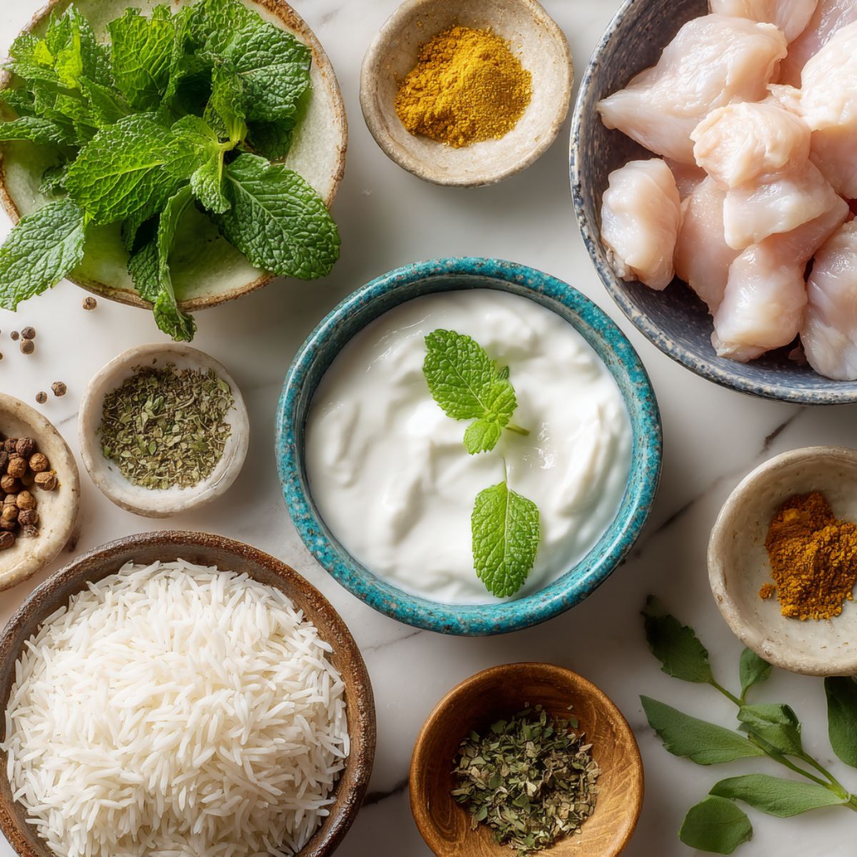 Casual overhead shot of chicken 65 biryani ingredients on a white kitchen counter.