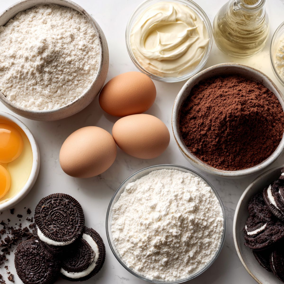 Flat lay of ingredients for homemade cookies and cream filling cake on a white kitchen counter including flour, cocoa powder, eggs, vanilla, cream cheese, and Oreos