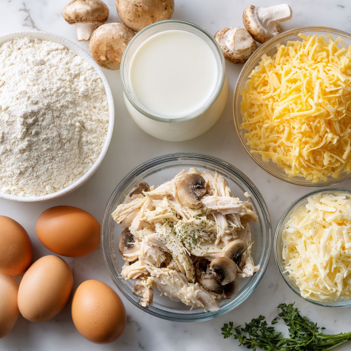 Ingredients for homemade crepes de pollo laid out on a white kitchen countertop