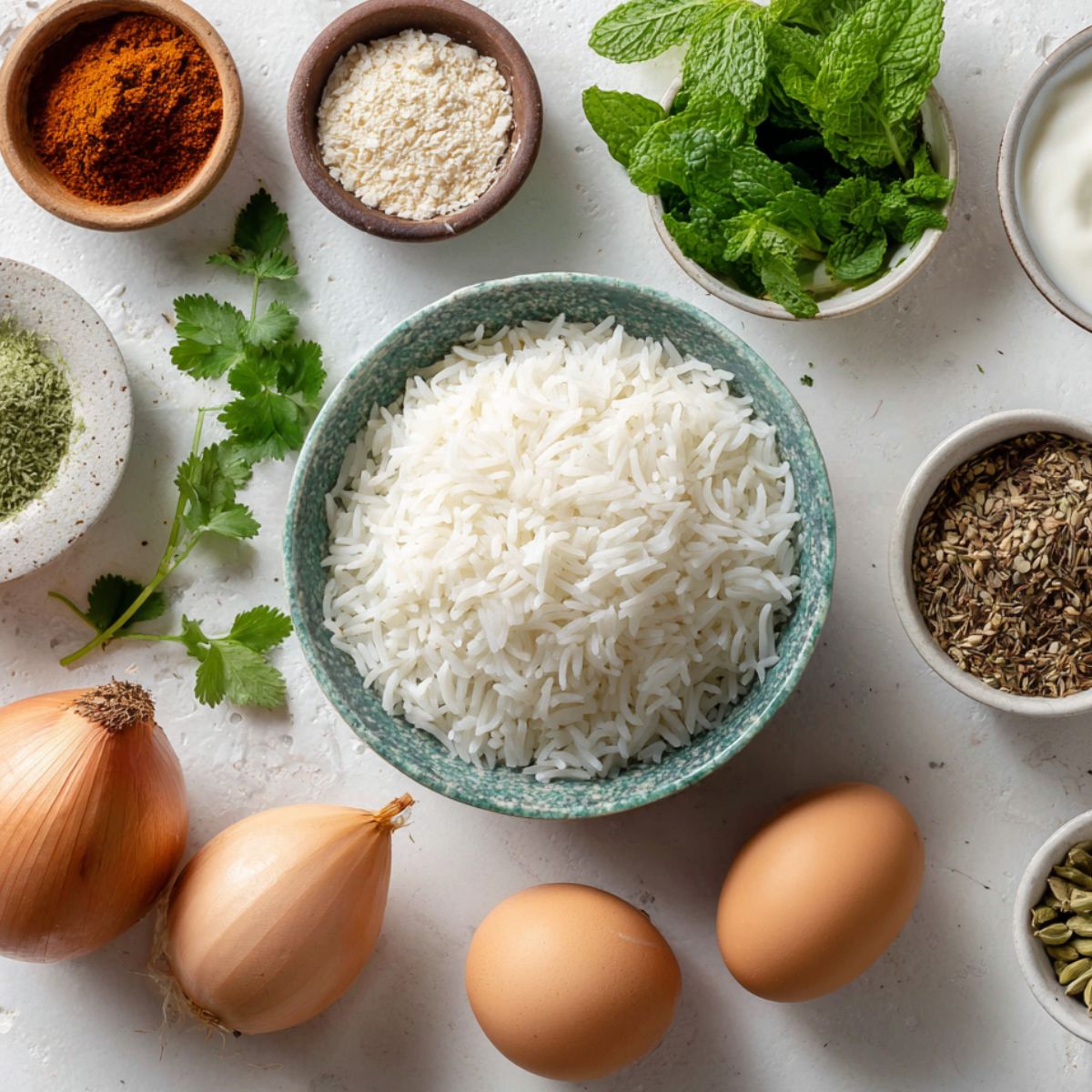 Egg dum biryani ingredients arranged casually on a white kitchen counter photographed from above.