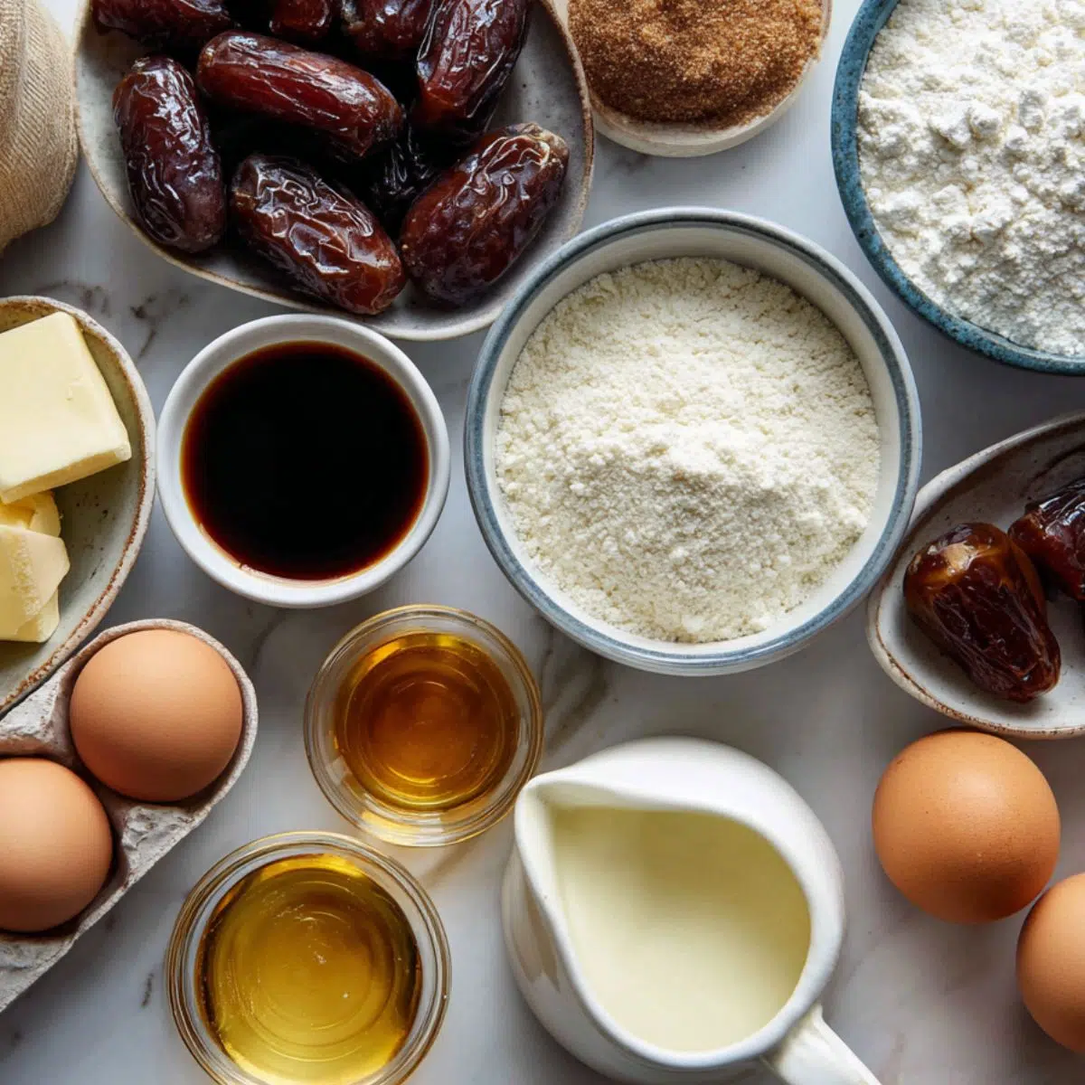 Sticky toffee pudding ingredients on a white kitchen counter: butter, eggs, flour, chopped dates, brown sugar, cream, and golden syrup, casually arranged like a real baking session