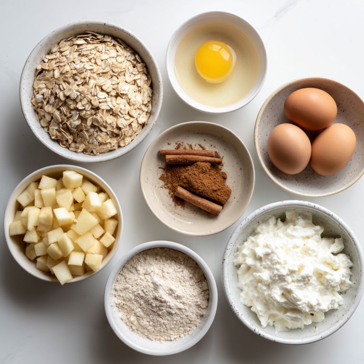Flat lay of ingredients for oatmeal cinnamon apple muffins, including oats, apples, flour, and spices on a kitchen counter.