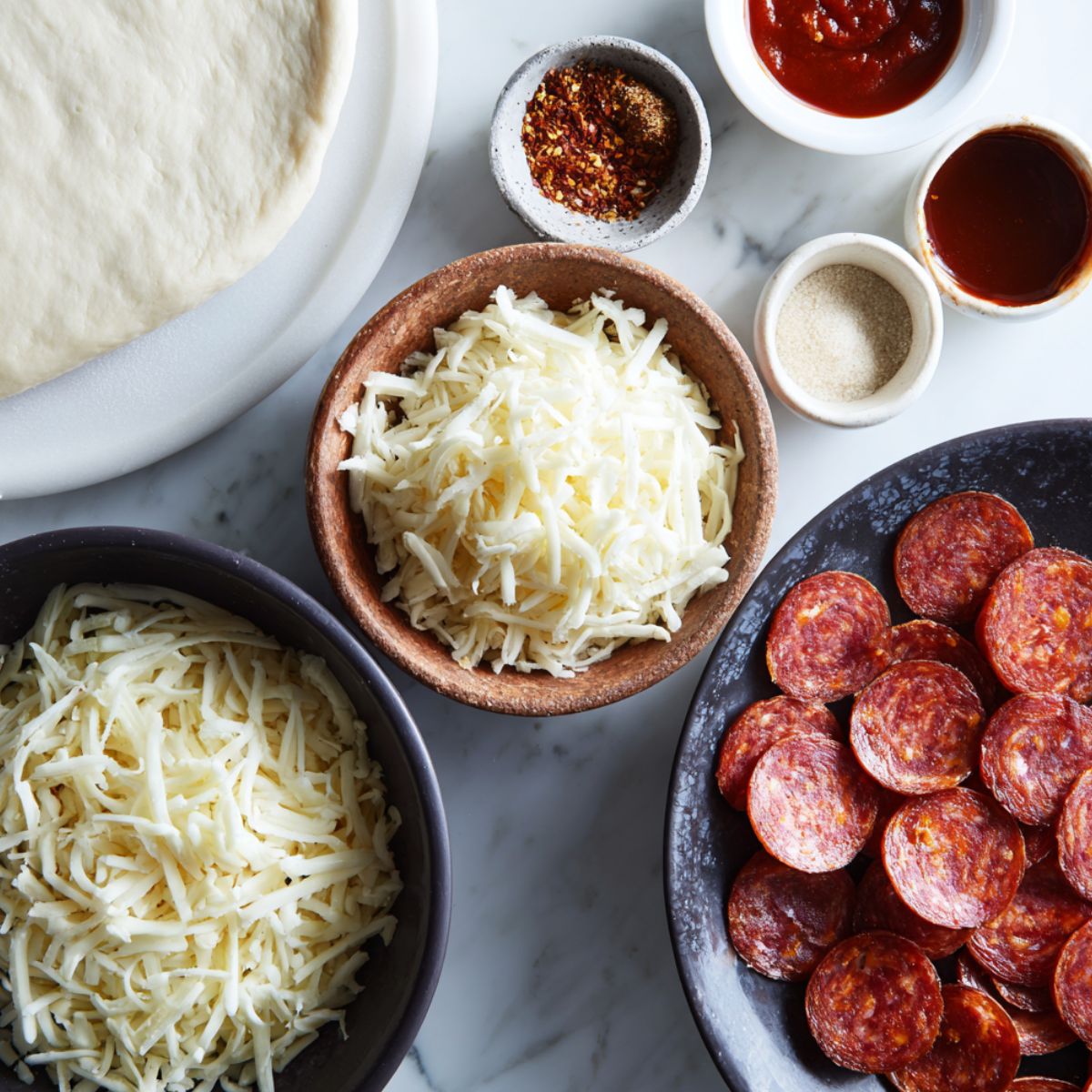 Flat lay of ingredients for homemade spicy pepperoni pizza rolls on a white kitchen counter, casually arranged.