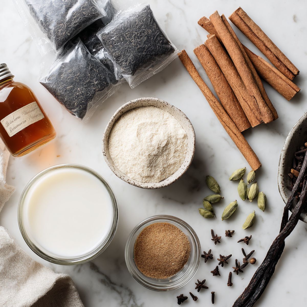 Flat lay of vanilla cinnamon milk tea ingredients on a white kitchen counter with natural light.