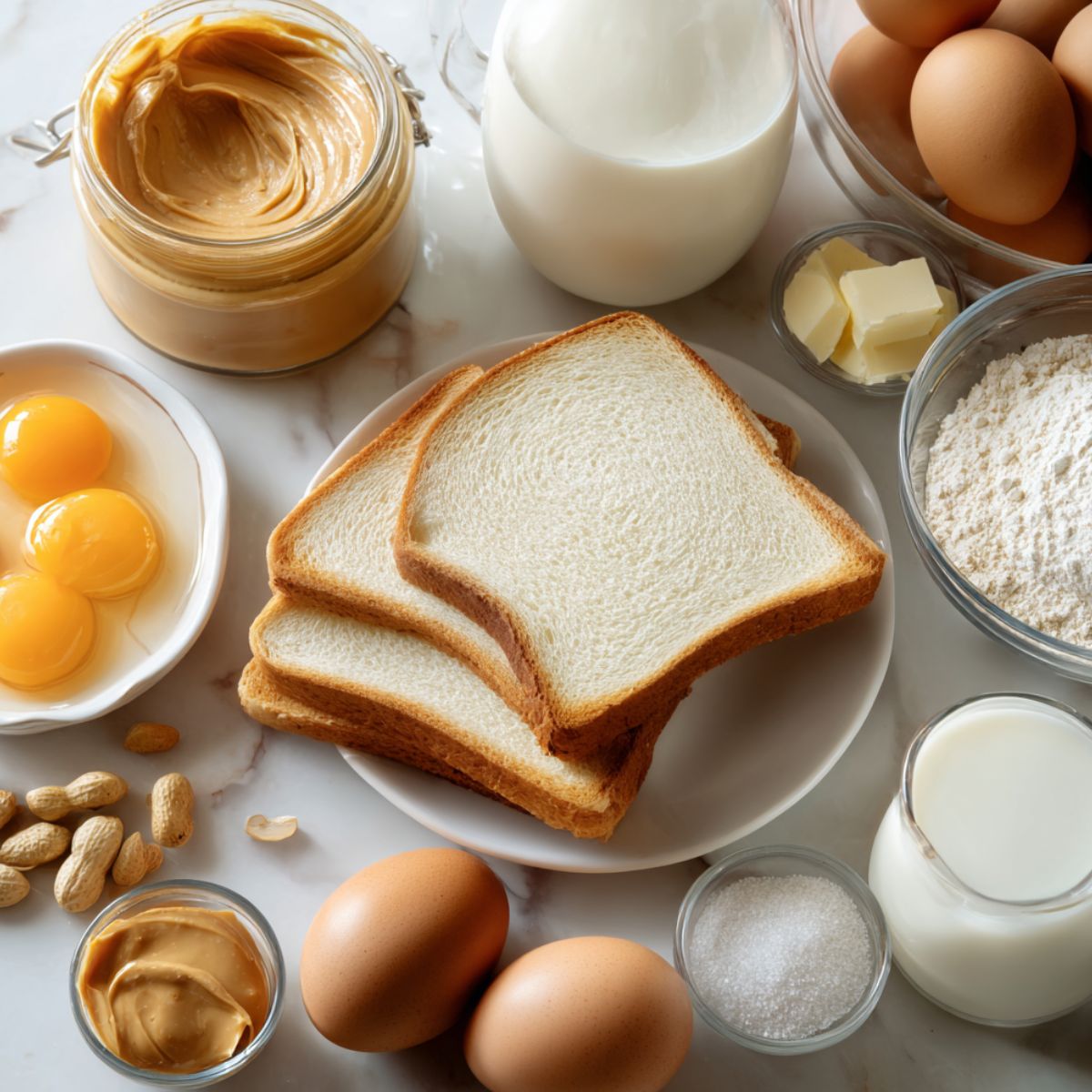 Overhead shot of ingredients for Hong Kong French Toast on a white kitchen counter.