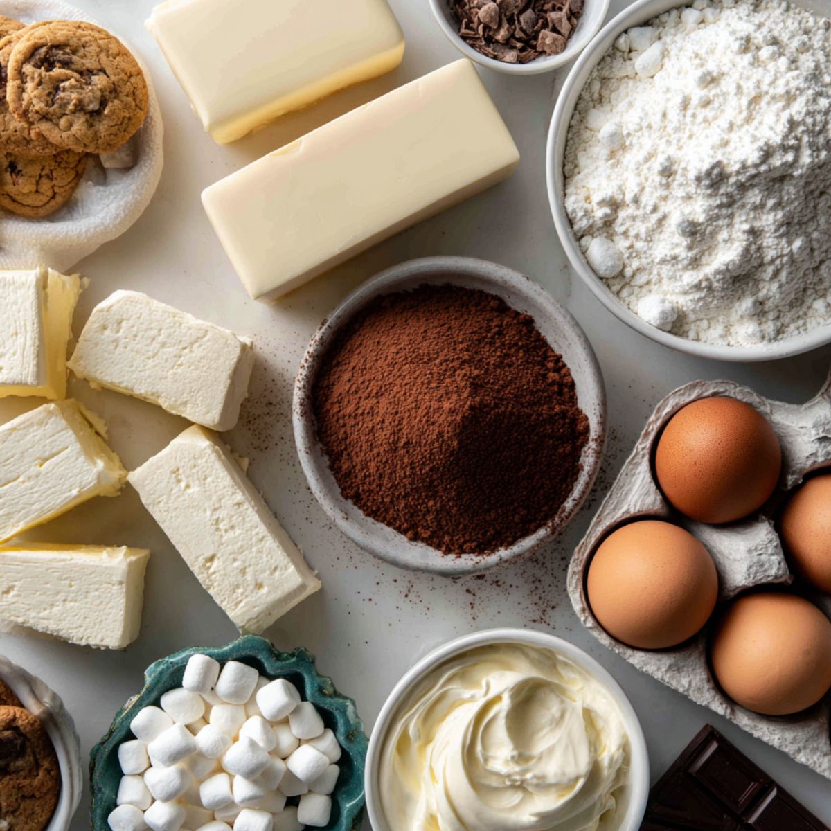 Overhead shot of homemade hot chocolate cheesecake ingredients on a white kitchen counter.