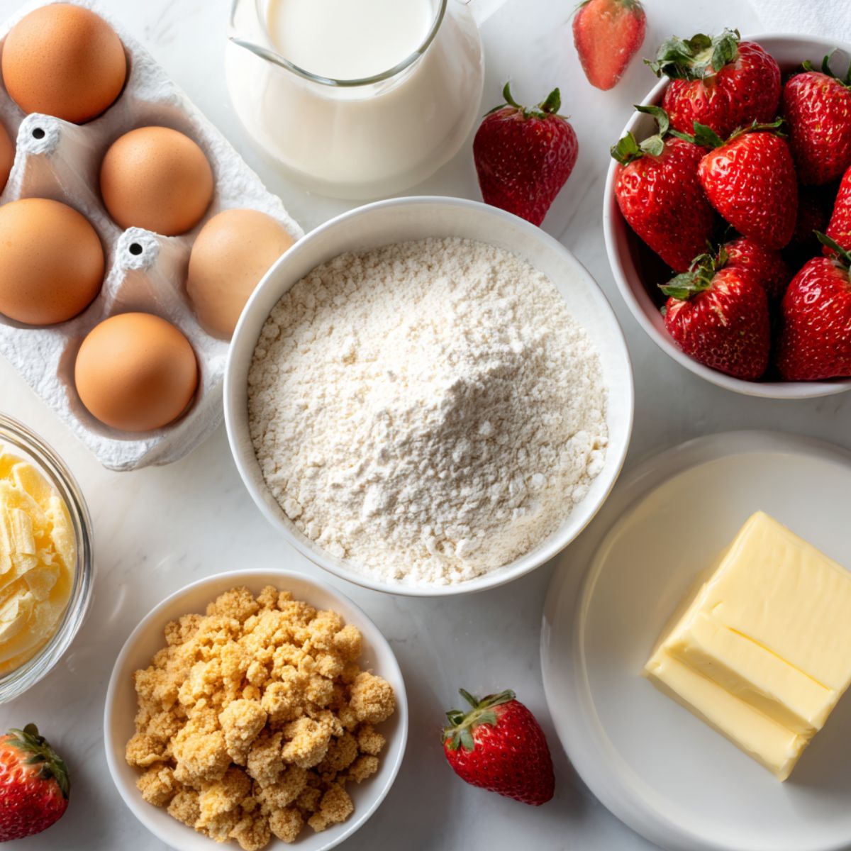 Overhead view of strawberry crunch cake ingredients laid out on a white kitchen counter.