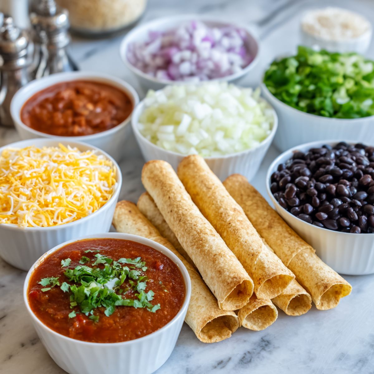 Ingredients for homemade taquito enchilada casserole arranged on a white kitchen counter