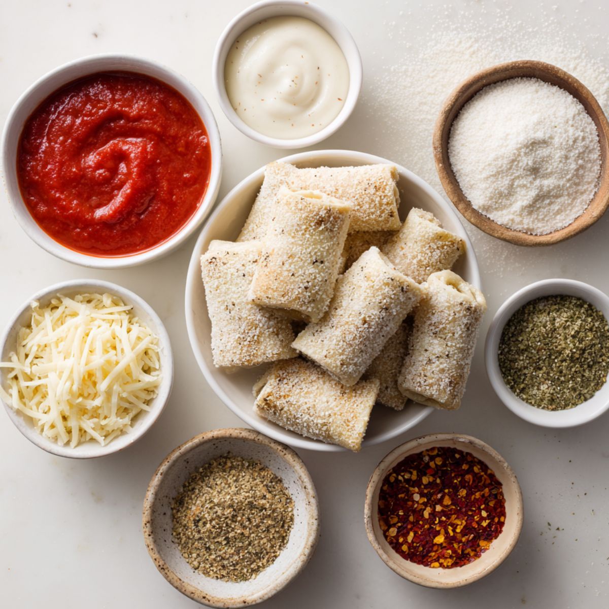 Ingredients for air fryer pizza rolls on a white kitchen counter, photographed from above in a casual homemade style