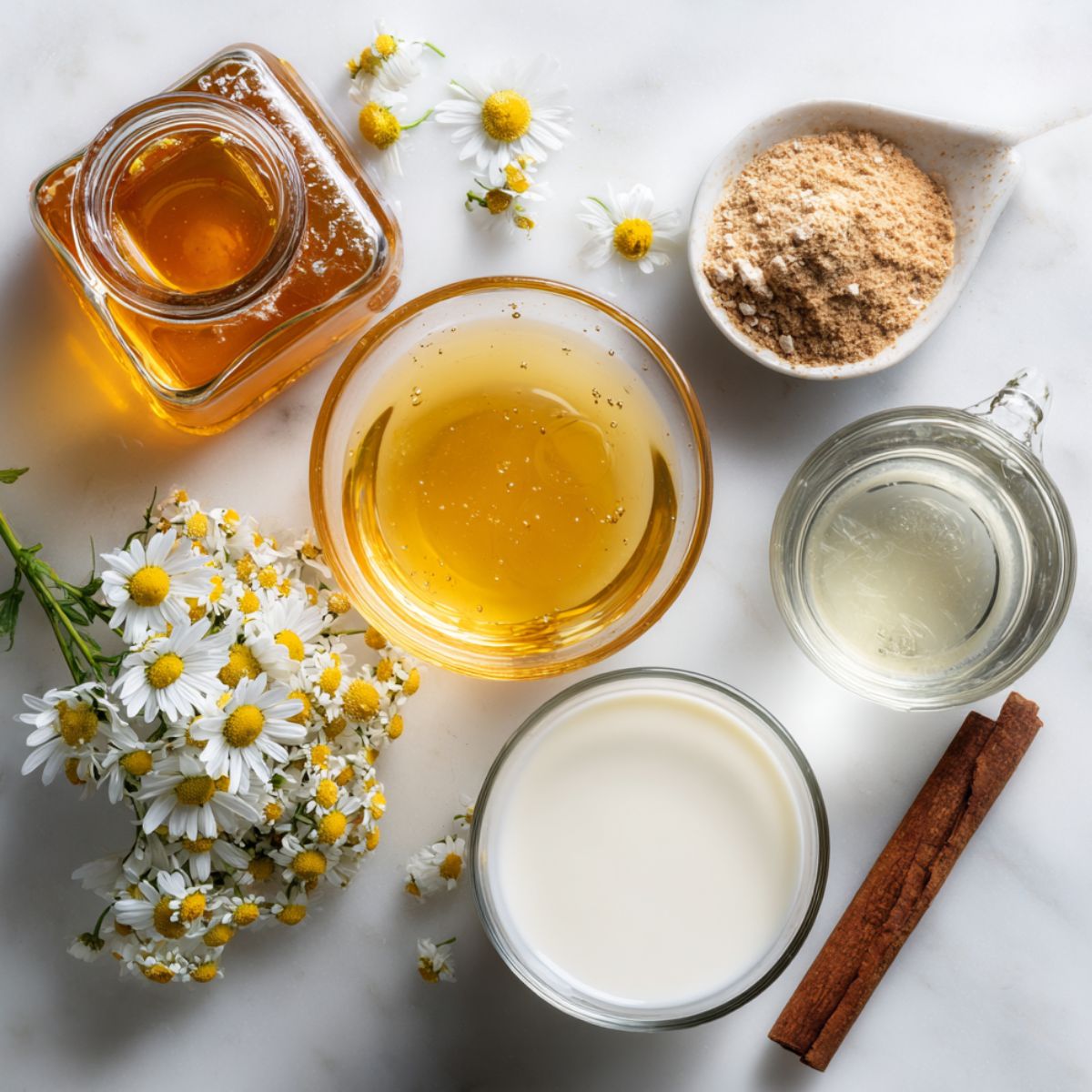 Flat lay of chamomile tea latte ingredients including tea bags, milk, honey, vanilla, and cinnamon on a white kitchen counter, photographed from above.