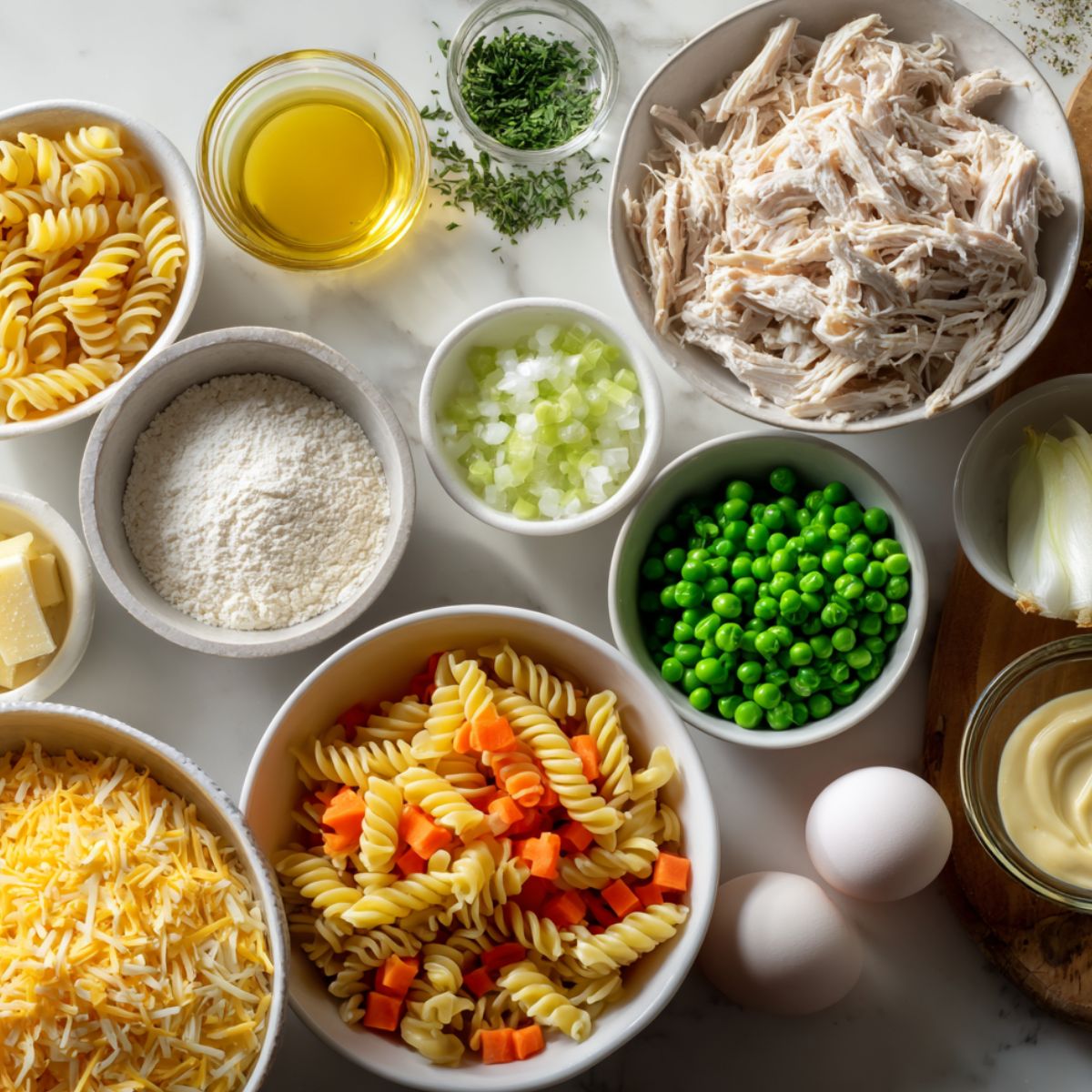 Overhead view of chicken pot pie pasta ingredients scattered on a white kitchen counter