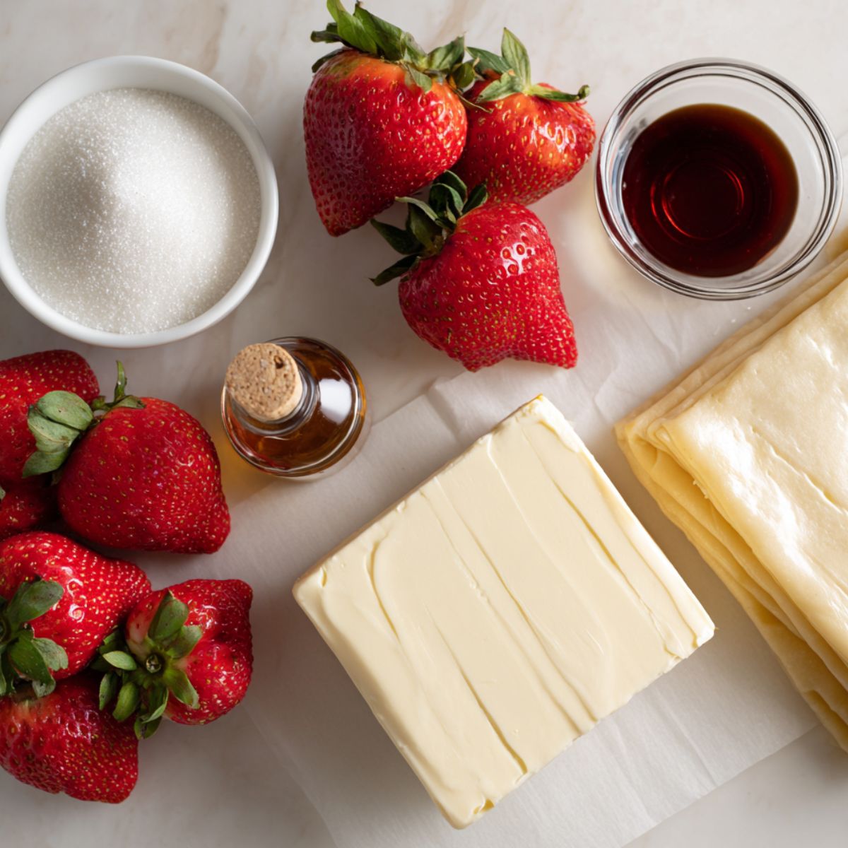 Key ingredients for making strawberry Danish ; puff pastry, cream cheese, strawberries, sugar and vanilla on a white kitchen counter shot from above.