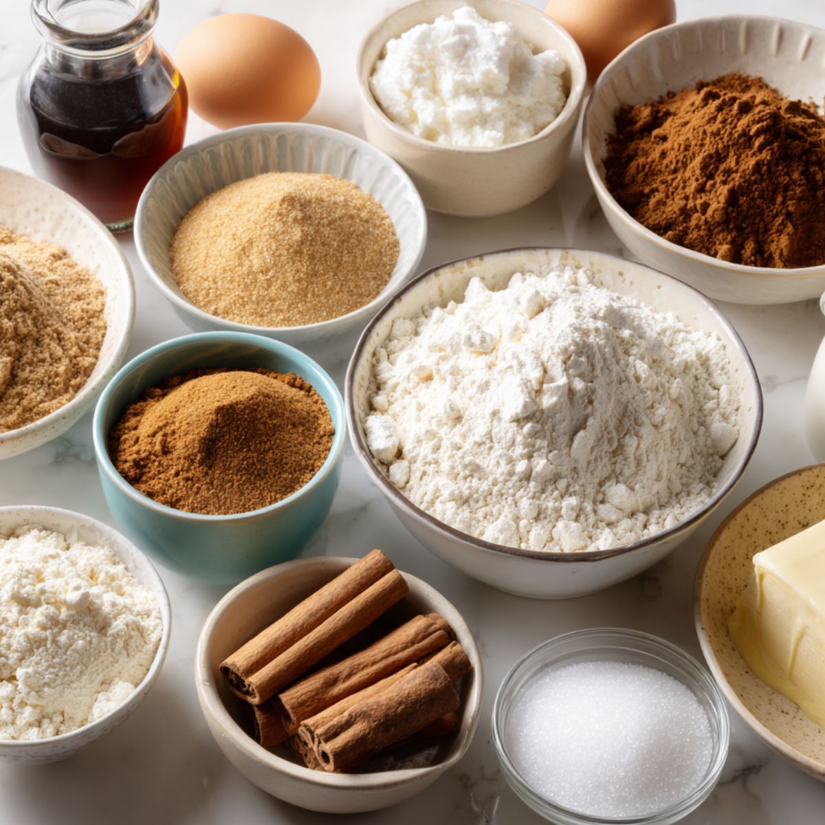 Gingerbread cheesecake cookie ingredients scattered on a white kitchen counter with a homemade feel