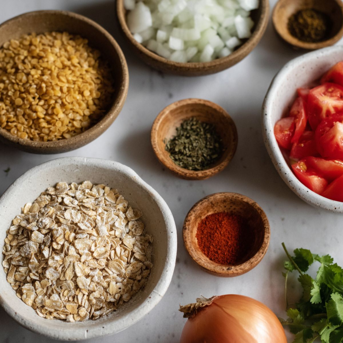 Ingredients for homemade oats chilla recipe arranged on a kitchen counter.