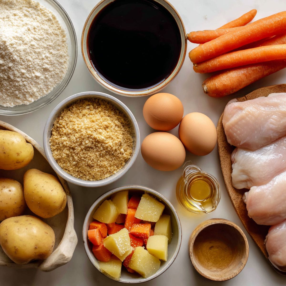 Ingredients for homemade Japanese chicken katsu curry laid out on a white kitchen counter