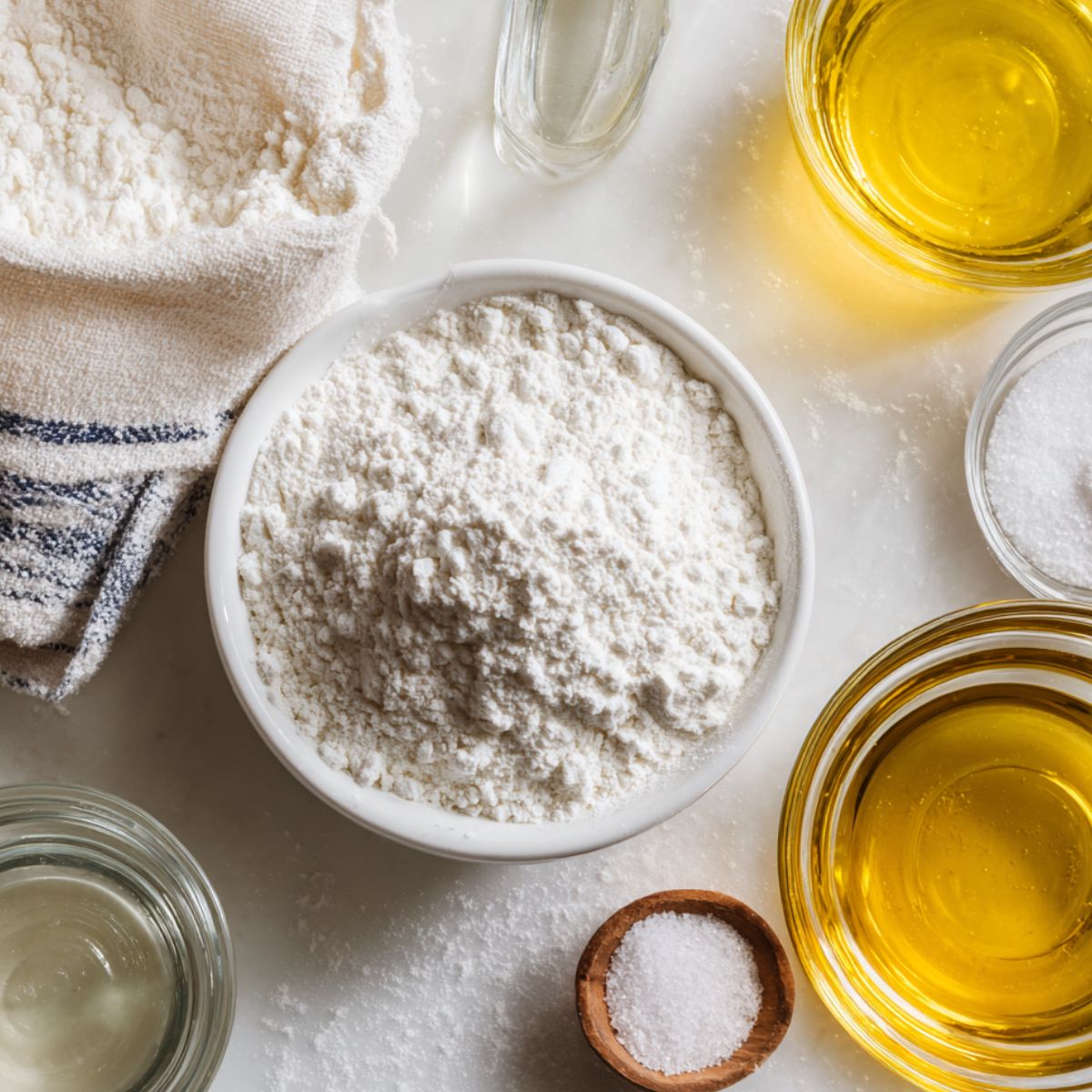Top-down photo of Neapolitan pizza dough ingredients on a white kitchen counter with flour scattered casually