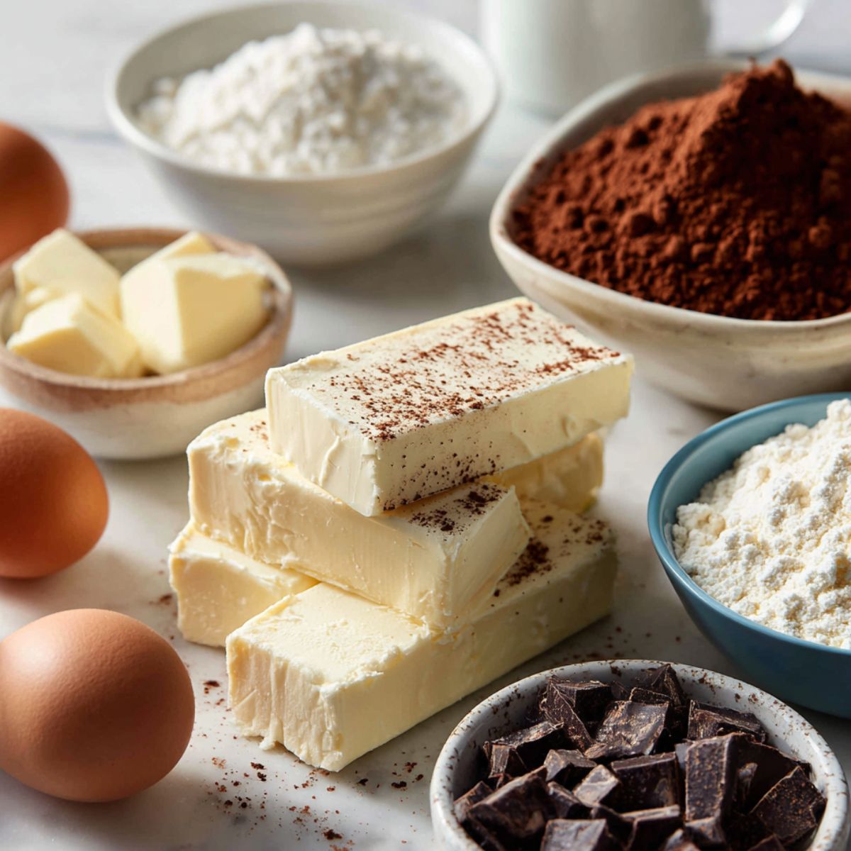 Casually arranged ingredients for a homemade caramel brownie cheesecake recipe on a white kitchen counter, seen from above.