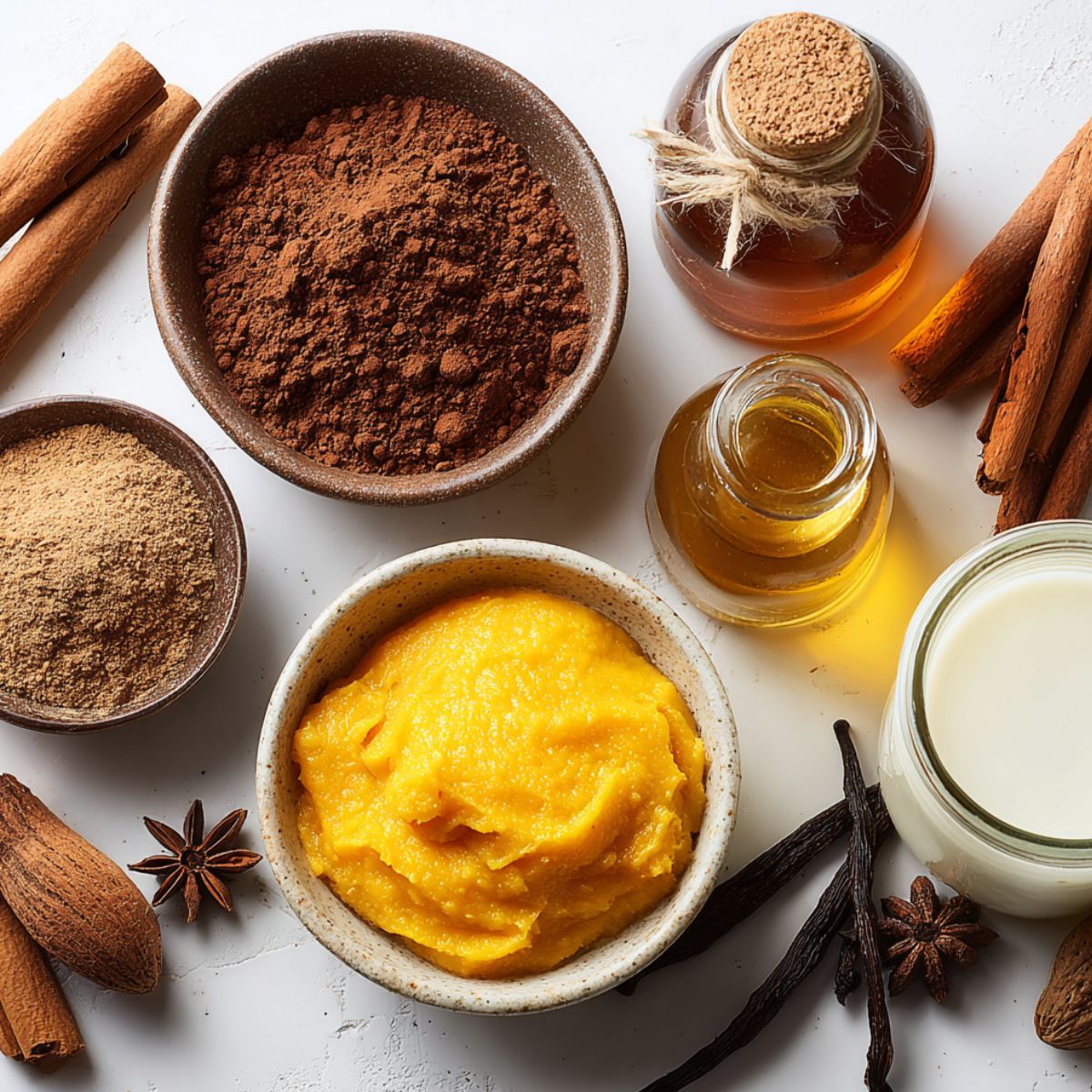 Flat lay of pumpkin hot chocolate ingredients arranged casually on a white kitchen counter