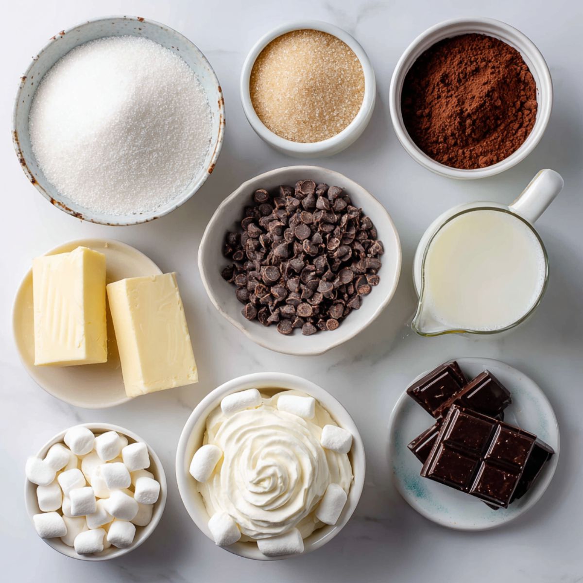Overhead view of salted caramel hot chocolate ingredients casually arranged on a white kitchen counter