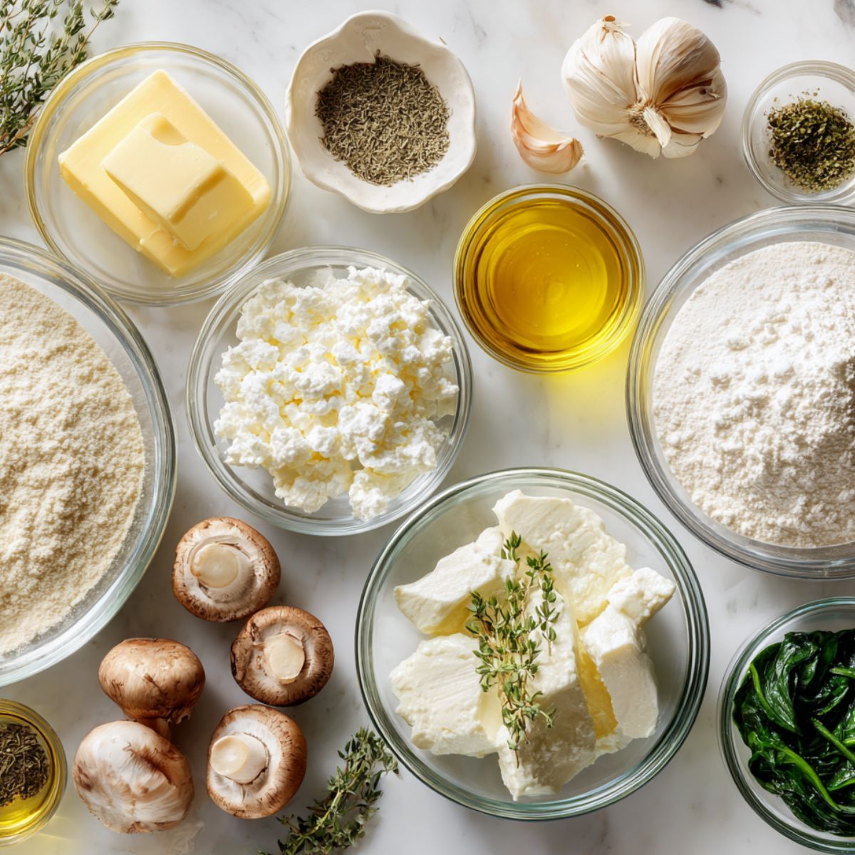 Ingredients for a homemade white sauce pizza laid out casually on a white kitchen counter from an overhead view.