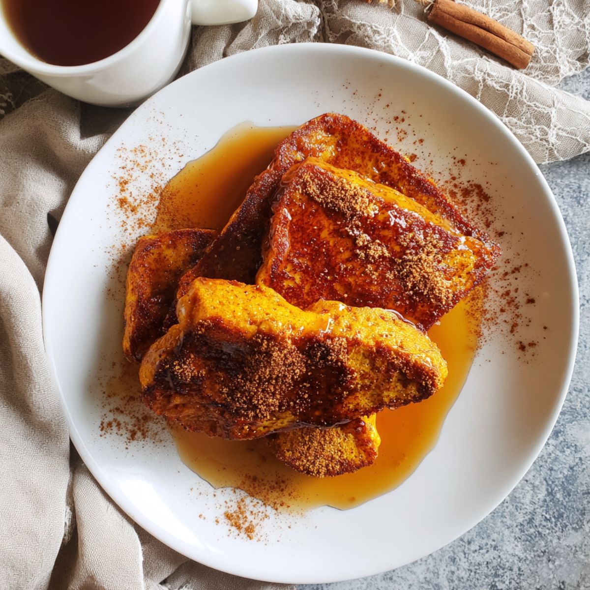 Homemade vegan pumpkin French toast on a white kitchen counter, shot from above with maple syrup drizzled.