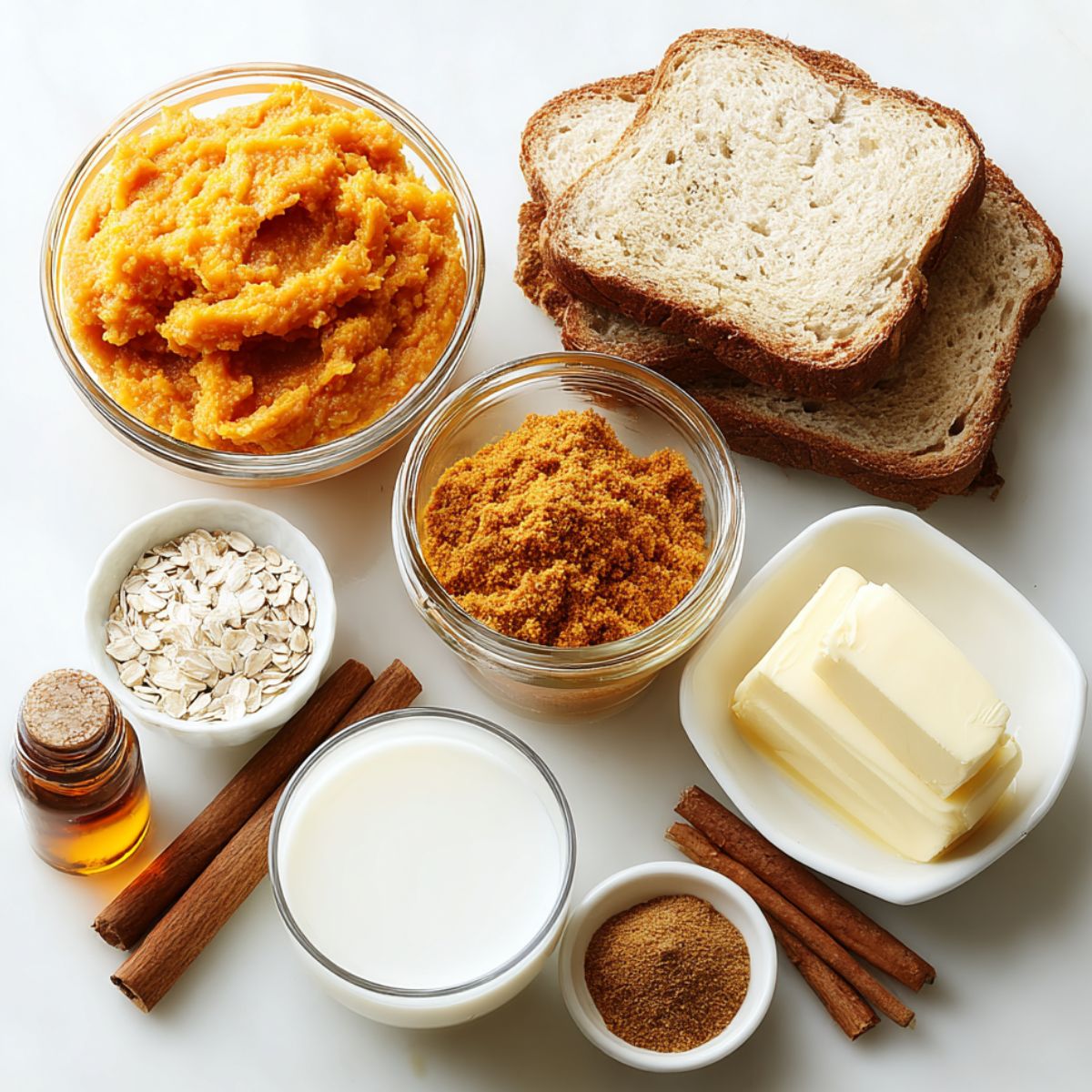 Flat lay of vegan pumpkin French toast ingredients on a white kitchen counter, casually arranged.