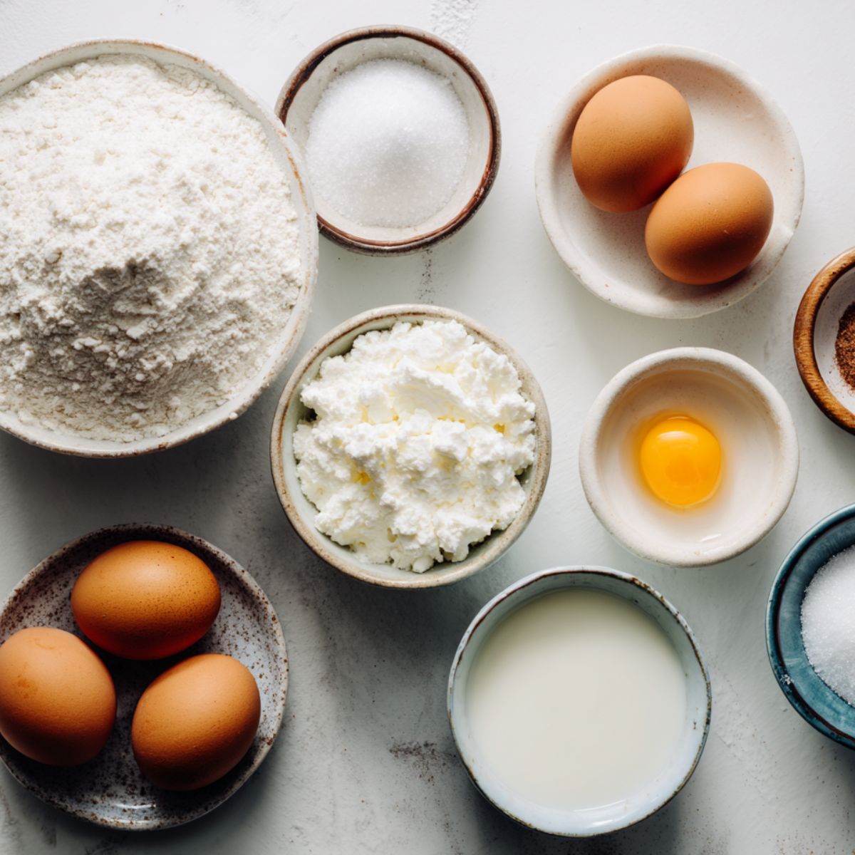 Casual top-down photo of semolina cake ingredients ; semolina flour, yogurt, eggs, sugar, and milk ; on a white kitchen counter in a homemade kitchen