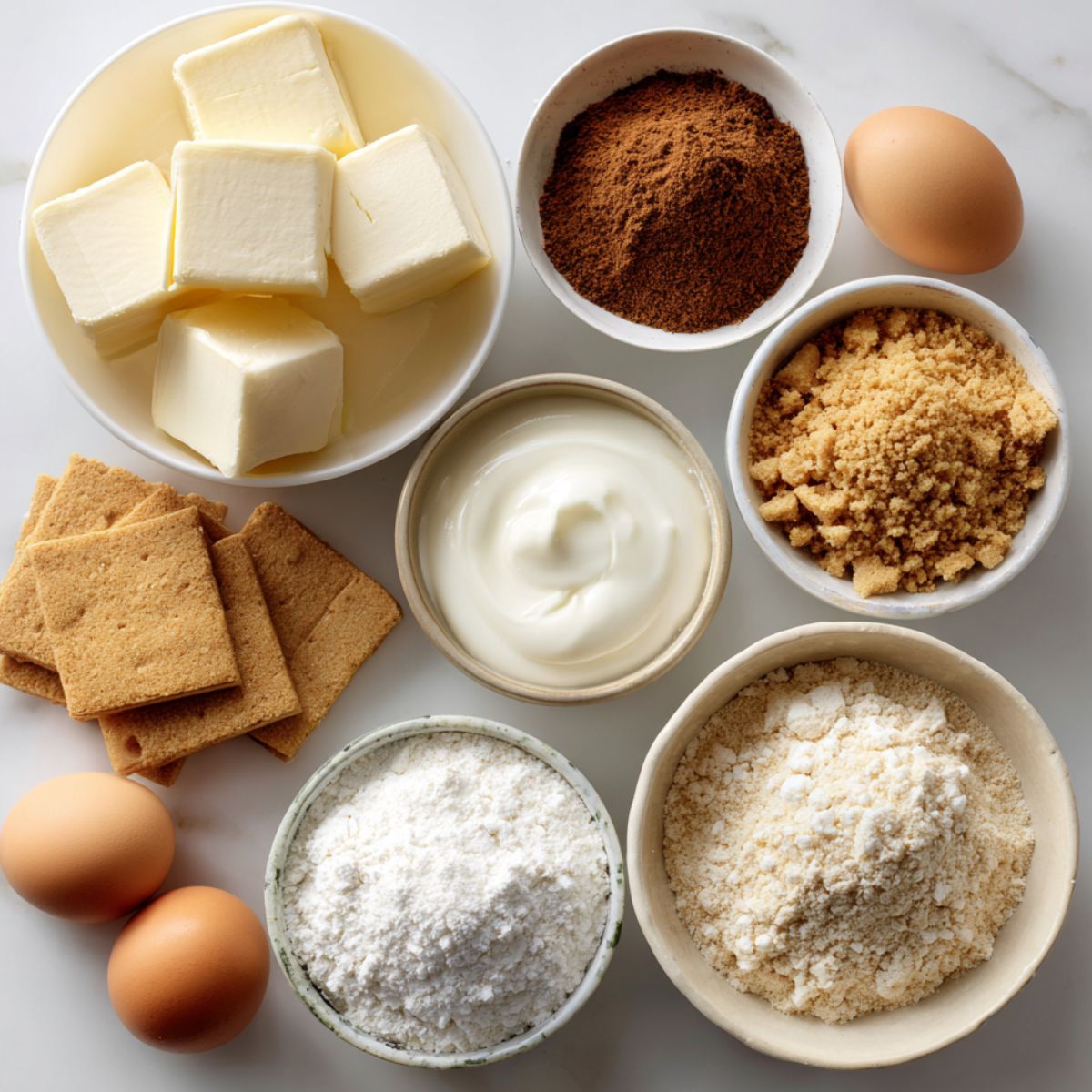 Overhead flat lay of ingredients for snickerdoodle cheesecake on a white kitchen counter, including cream cheese, eggs, sugar, cinnamon, and graham crackers